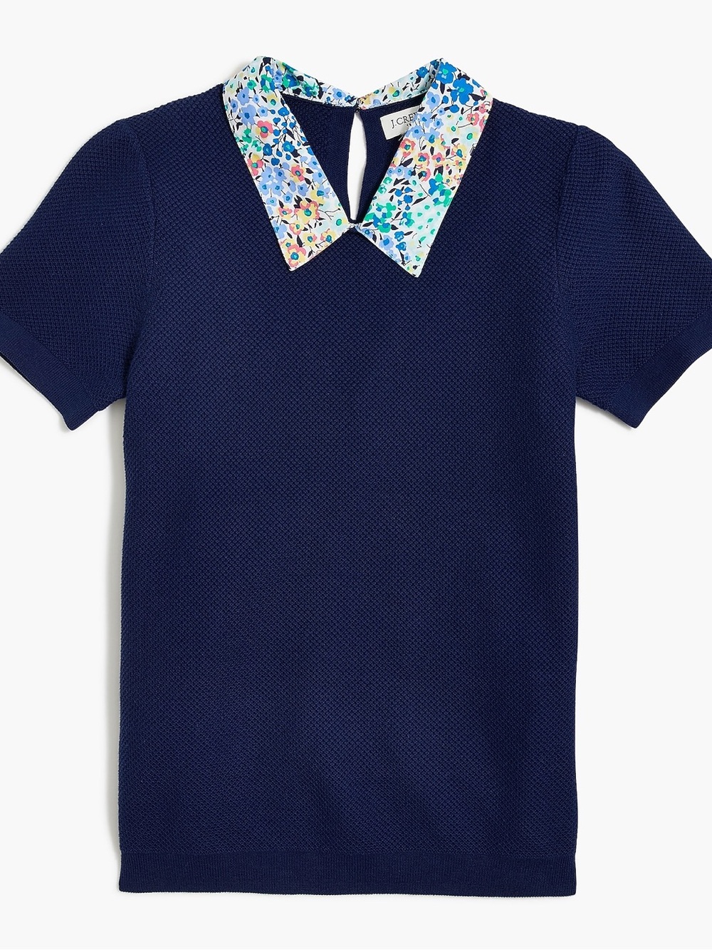 J. Crew Navy V-Neck Short-Sleeve Sweater with Floral Contrast Collar